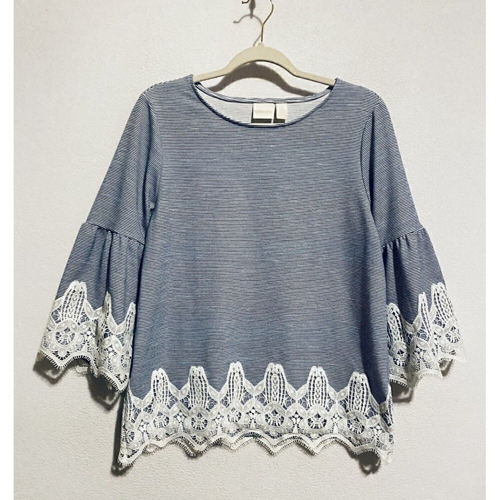 Chicos 1 Top Womens Medium French Striped Lace Detail Bell Sleeve Scoop Neck